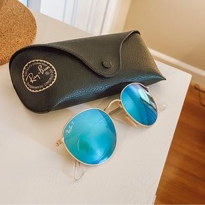 Ray-Ban Sunglasses Round Flash Gold Frame Blue Lenses